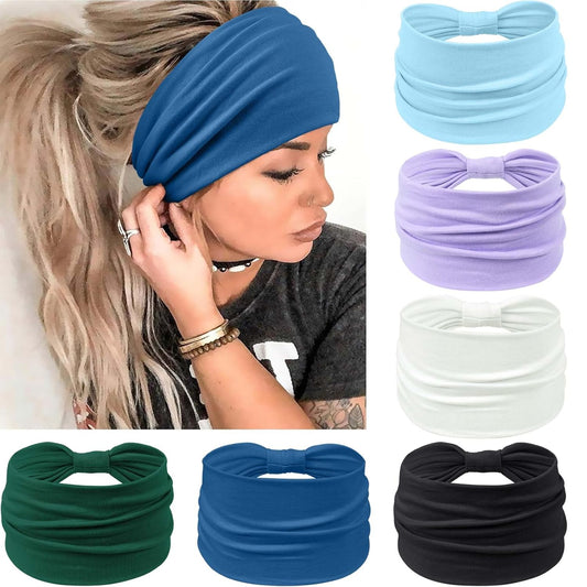 Wide Headbands for Women Knotted No Slip Head Bands Soft Turban Headband Hair Accessories Boho African Solid Color Head Wraps for Women Yoga Workout Pack of 6