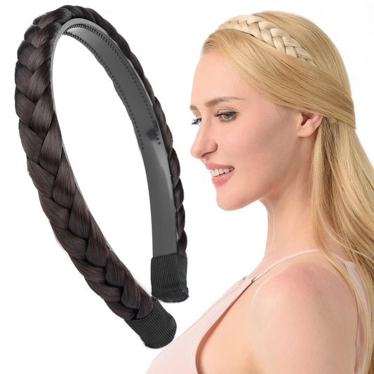 DIGUAN Width 0.9 inches Synthetic Hair Plaited Headband Braid With Teeth Hair Band Accessories for Women Girl (Dark Brunette)