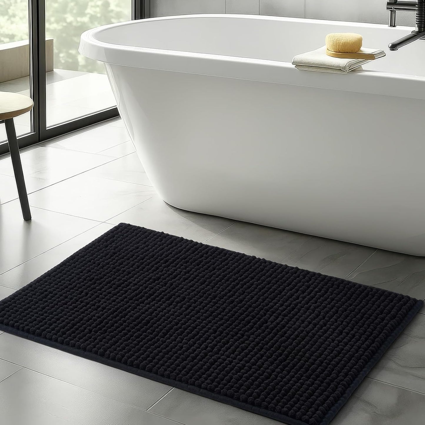 FRESHMINT Thick Chunky Chenille Bathroom Rugs 24"x36", Non Slip Bath Mat for Bathroom Floor, Large Soft Bathroom Decor Accessories, Cute Shower Mat Water Absorbent, Washable, Black
