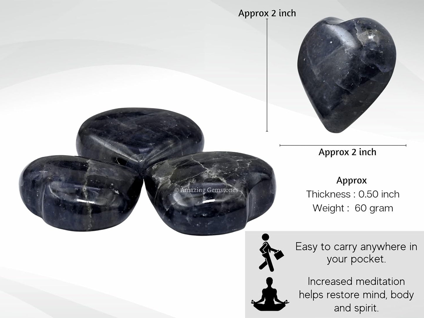 Amazing Gemstone Iolite Crystal Heart Palm Stone - Pocket Massage Worry Stone for Natural Body Chakra Balancing, Reiki Healing and Crystal Grid