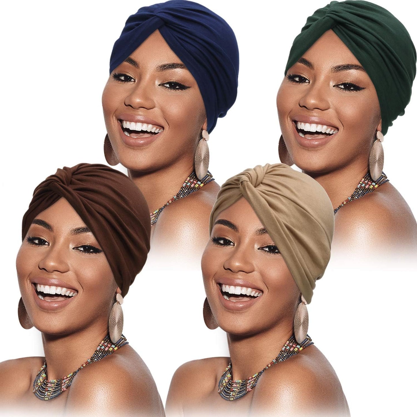 SATINIOR 4 Pieces Turbans for Women Soft Pre Tied Knot Fashion Pleated Cancer Turban Cap Chemo Headwrap Sleep Hat, 4 Colors