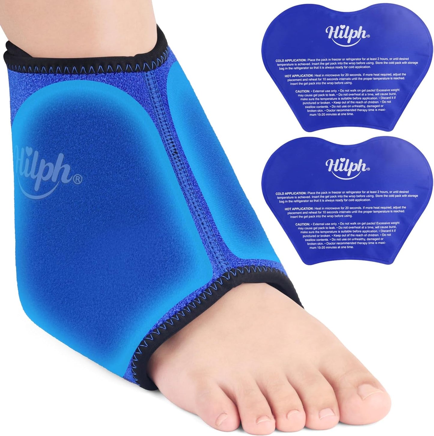 Hilph Ankle Foot Ice Pack Wrap for Sprained & Swelling, Reusable Ankle Brace with 2 Large Gel Ice Packs for Feet Injuries, Plantar Fasciitis, Achilles Tendonitis, Surgery Recovery, Hot/Cold Therapy