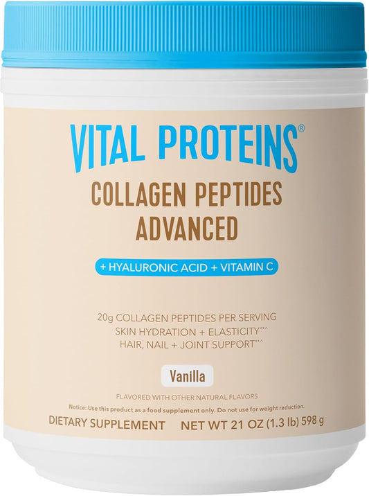 Vital Proteins Collagen Peptides Advanced, Hydrolyzed Peptides with Hyaluronic Acid and Vitamin C - Vanilla Flavor Powder, 21oz