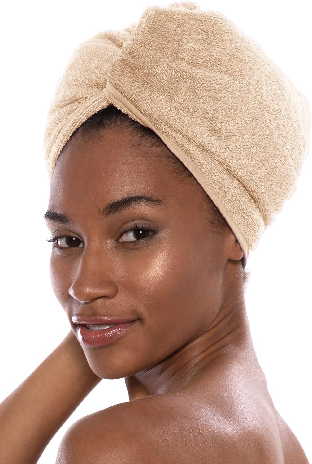 TexereSilk Women's Rayon and Cotton Terry Hair Towel - Lightweight, Absorbent Quick Drying Hair Wrap for Thick and Curly Hair (Tya, Almond Buff, U)