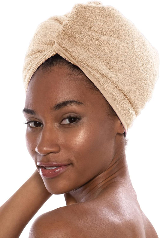 TexereSilk Women's Rayon and Cotton Terry Hair Towel - Lightweight, Absorbent Quick Drying Hair Wrap for Thick and Curly Hair (Tya, Almond Buff, U)