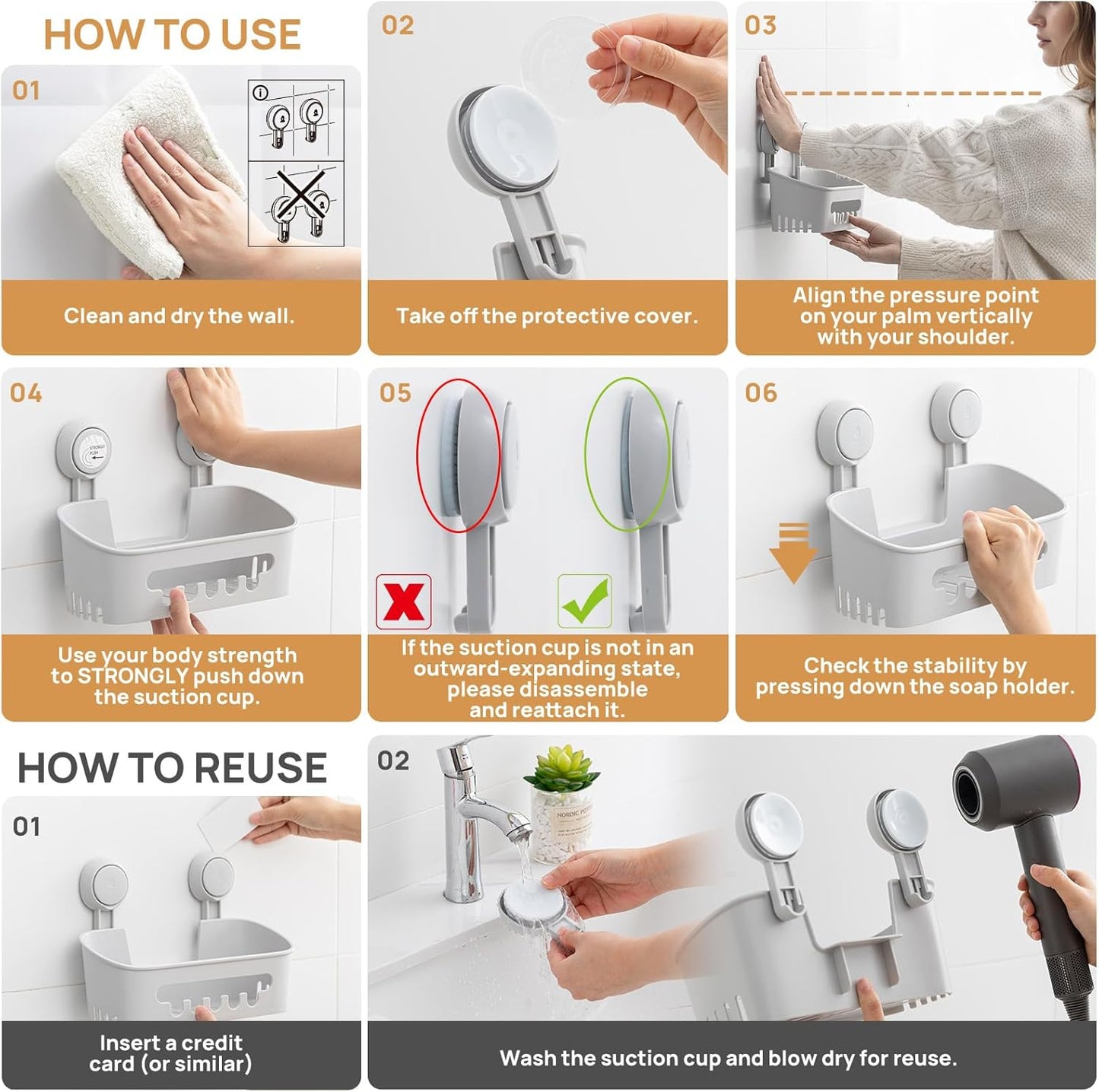 LEVERLOC Shower Caddy Suction Cup 2 Pack, Shower Organizer Removable Bathroom Shelf, Storage Suction Powerful Max Hold 22lbs Bathroom Caddy Waterproof Holder, Gray