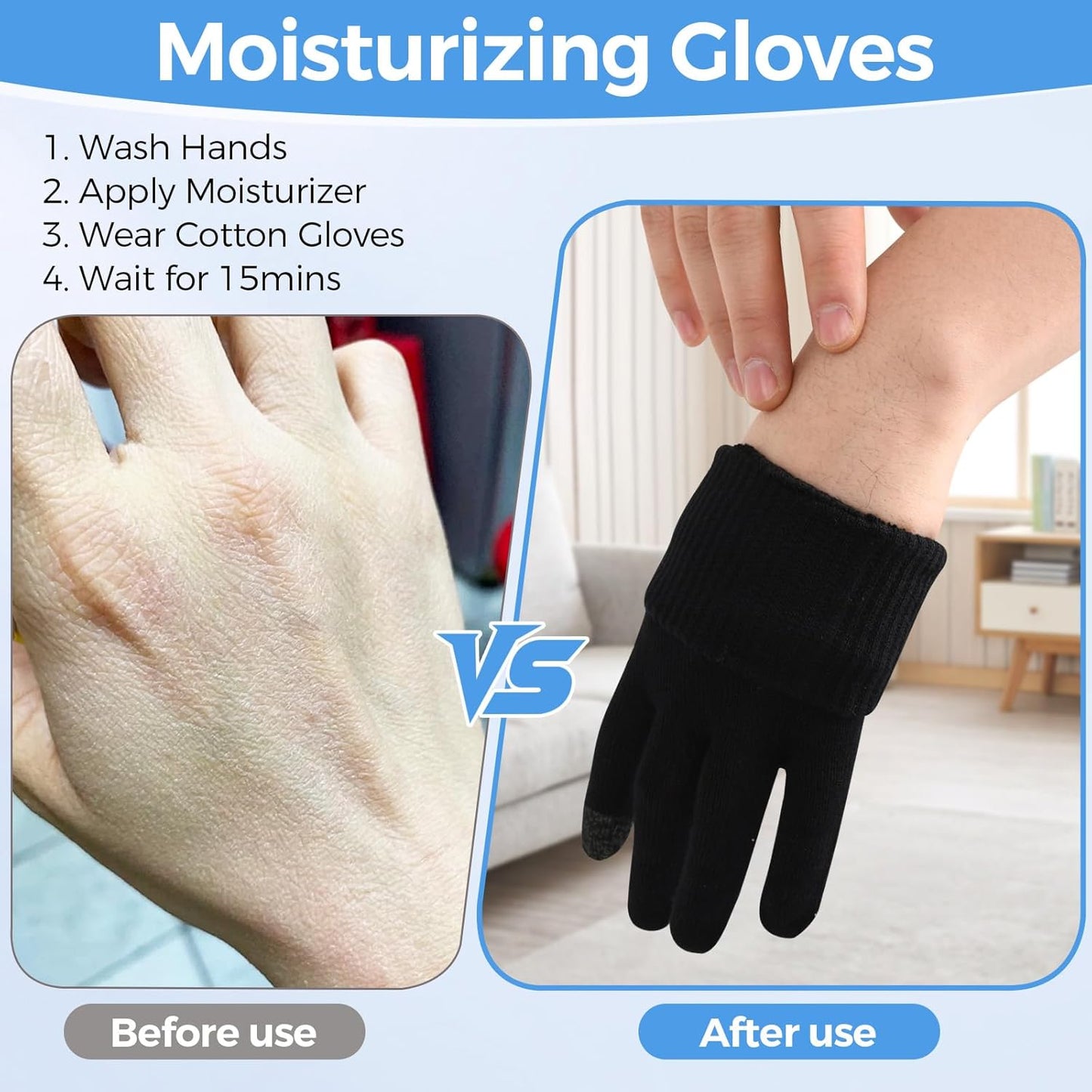Donfri 2 Pairs Cotton Moisturizing Gloves Men Touchscreen Fingers for Eczema Dry Hands Hand Care Overnight Moisturizing (Large-Black)