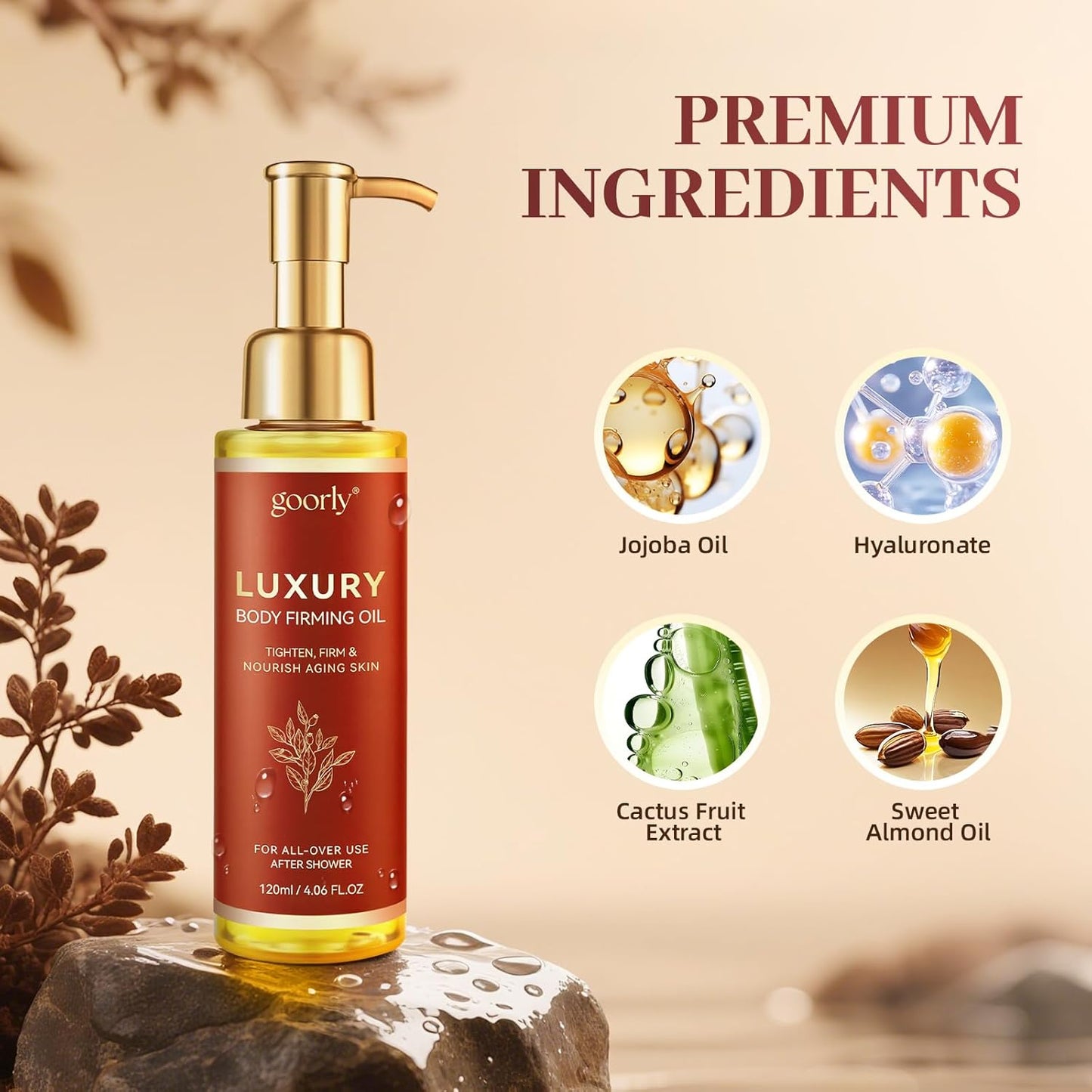 Luxury Body Firming Oil, Natural Plant Oils with Cactus Extract and Camellia Oil, Firms All Over Skin, Deeply Moisturizes, Body Oil for Women, 4.06 fl oz