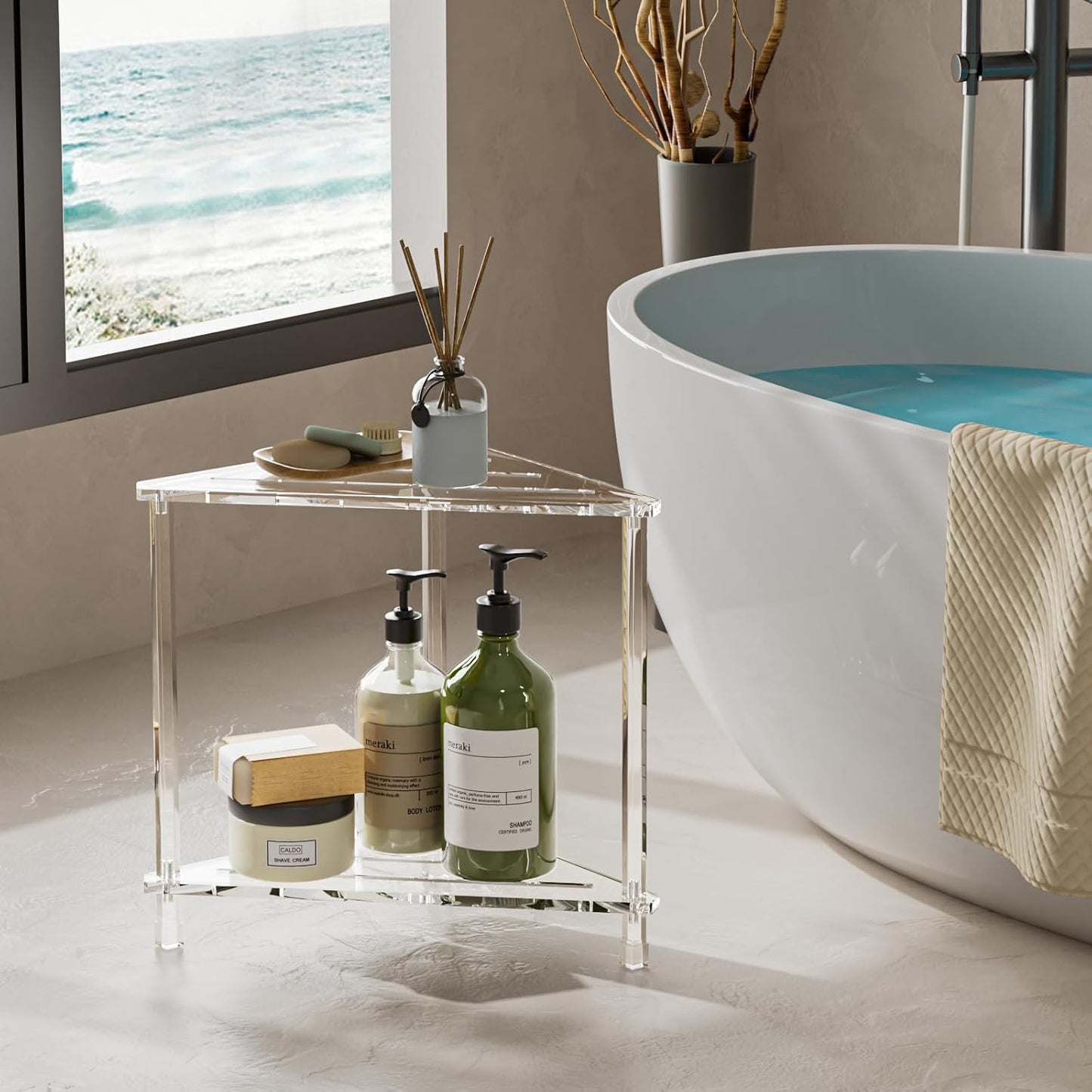 Corner Shower Stool 16in: Waterproof Small Foot Rest with Anti-Slip Feet for Shaving Legs - Acrylic Corner Shower Bench with Storage Shelf for Inside Spaces