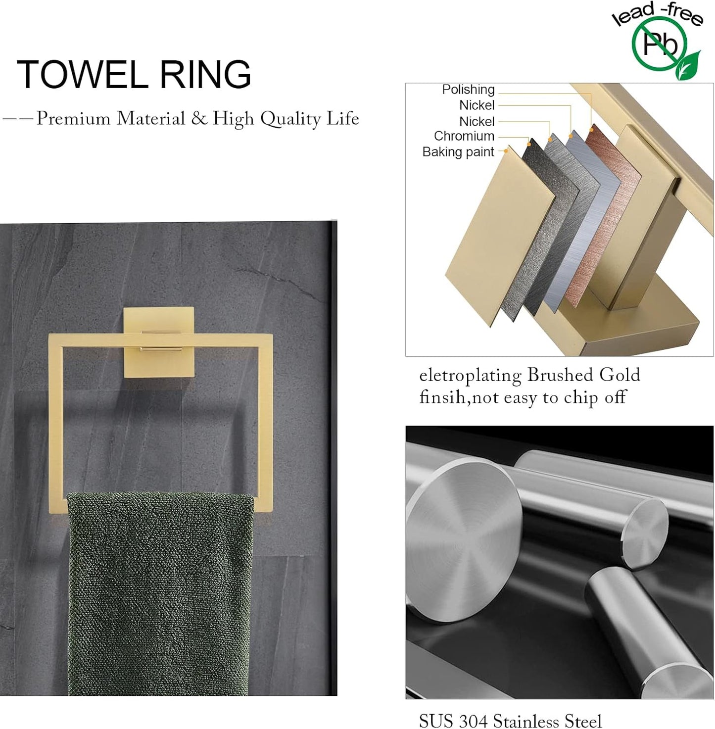 TNOMS Brushed Gold Towel Bar Set Bathroom Hardware Set, 5 Pieces Gold Bathroom Accessories Set Stainless Steel Wall Mounted Towel Holder for Bathroom 23.6in