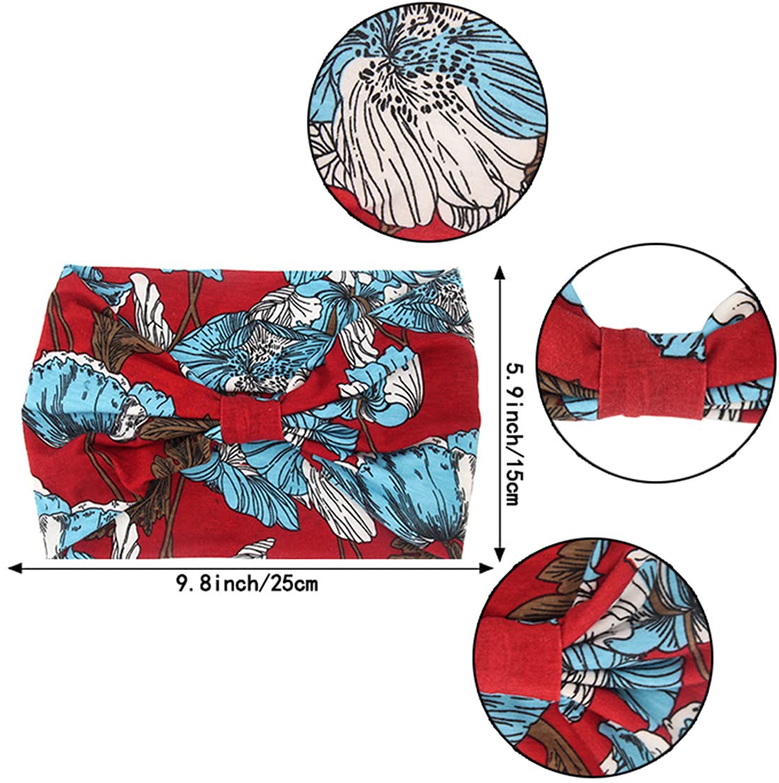 Yeshan Boho Bandeau headbands for Women Wide Bandana Knot Hair Scarf Floral Printed African Hair Bands Elastic Turban Thick Head Wraps Stretch Cotton Head Bands,Pack of 6