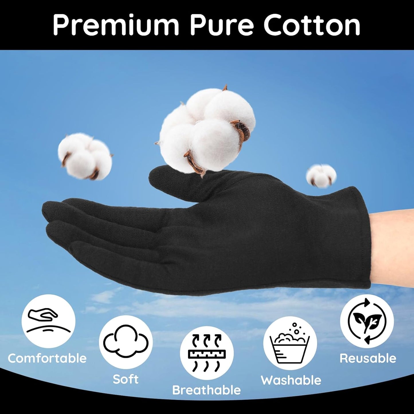 Segbeauty 36 Counts Gel Lotion Cotton Gloves Black for Dry Hands Overnight, 18 Pairs Bulk Hand Moisturizing Gloves Overnight, Hand Care Reusable Soft Moisture Cotton Glove for Working Women Men Medium