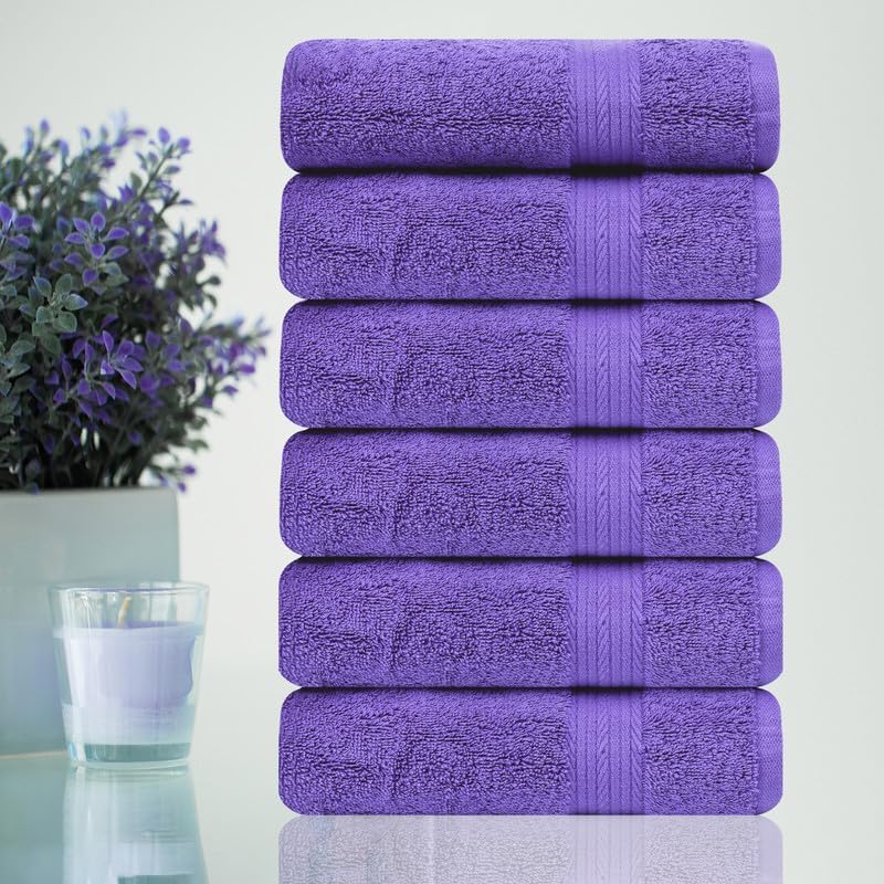 Ample Decor Bathroom Hand Towels 18 X 28 Inch 600 GSM 100% Cotton, Soft Absorbent - 6 Pcs Purple
