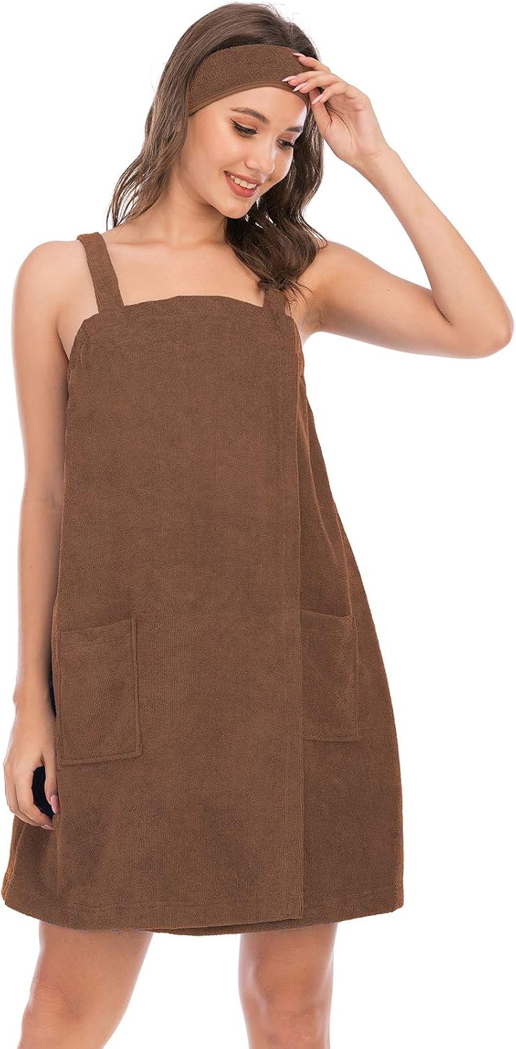 Veseacky Women Bath Wrap Towel for Womens Shower with Pocket Adjustable Spa Robe & Facial Headband