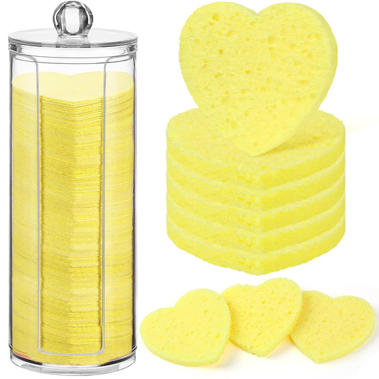 Sieral 120 Pcs Compressed Facial Sponges with Container Disposable Face Sponge Pads for Washing Face Cleansing Exfoliating Esthetician Makeup Removal(Heart,Lemon Yellow)