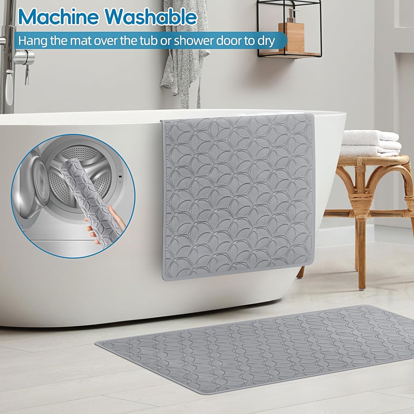 WRISIN Bathtub Mat Non Slip with Suction Cups - 100% Rubber Bathroom Mat Textured for Bath Tub Shower Safety - Soft on Touch - BPA/PVC Free - Pet Dog Bath Mat - Machine Washable - 16 × 28 Inch（Gray）