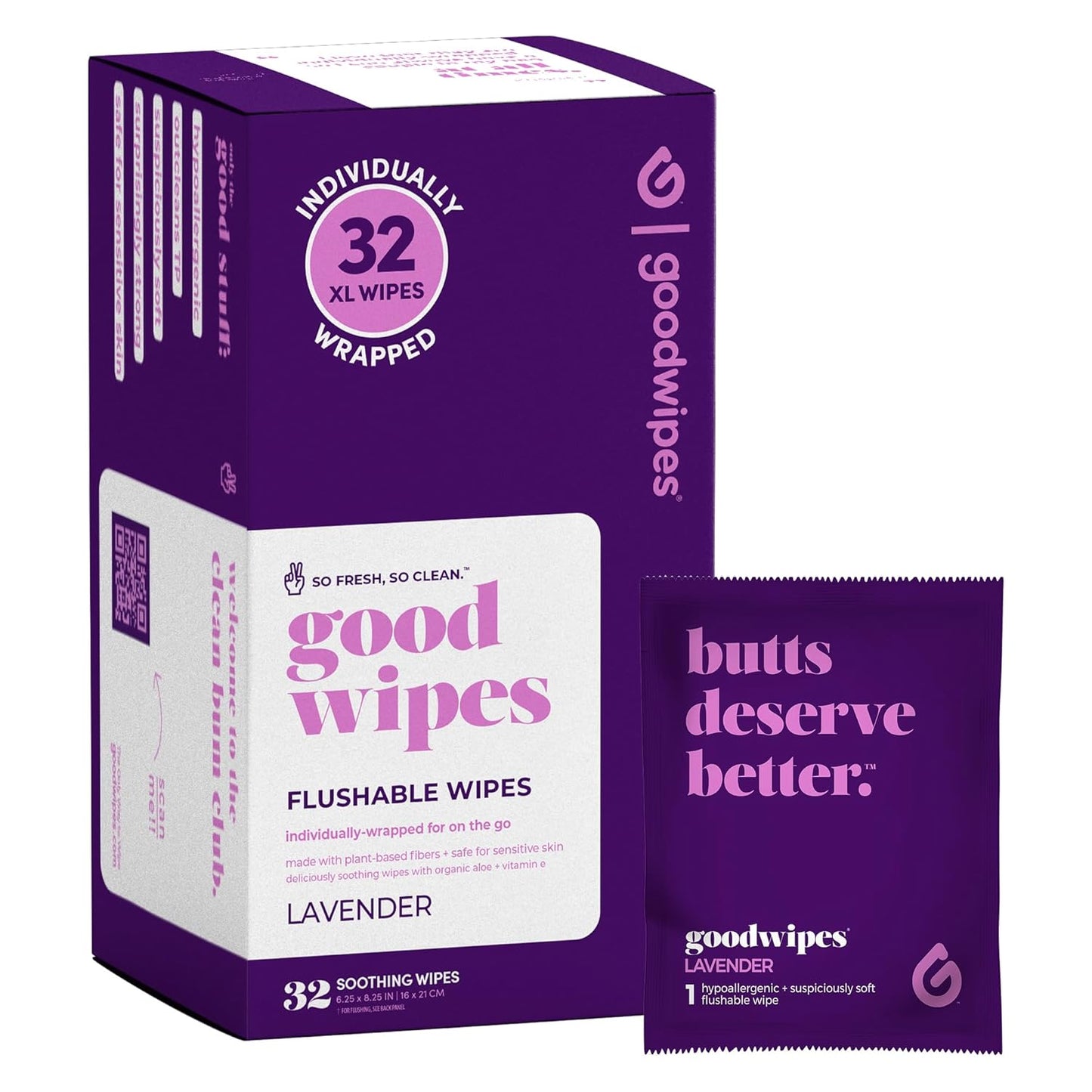 goodwipes Flushable Wipes - Individually Wrapped Butt Wipe for On-the-Go Adults - Portable Mini Wipes - Travel Essentials - Sewer & Septic Safe - Lavender, 32 Count (1 Pack)