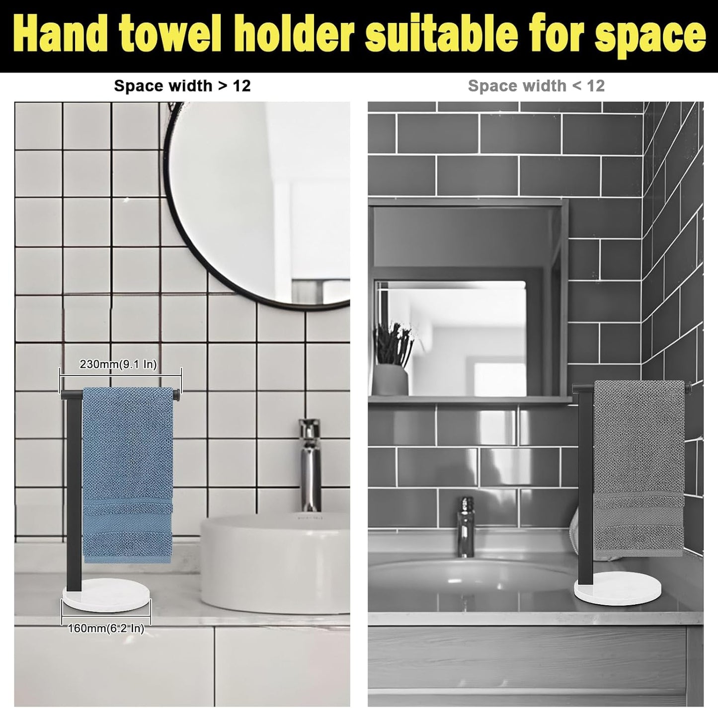 Stainless Steel L-Shaped Hand Towel Holder, SUS304 Bathroom Towel Rack with Thickened Base for Countertop Vanity (Matte Black)