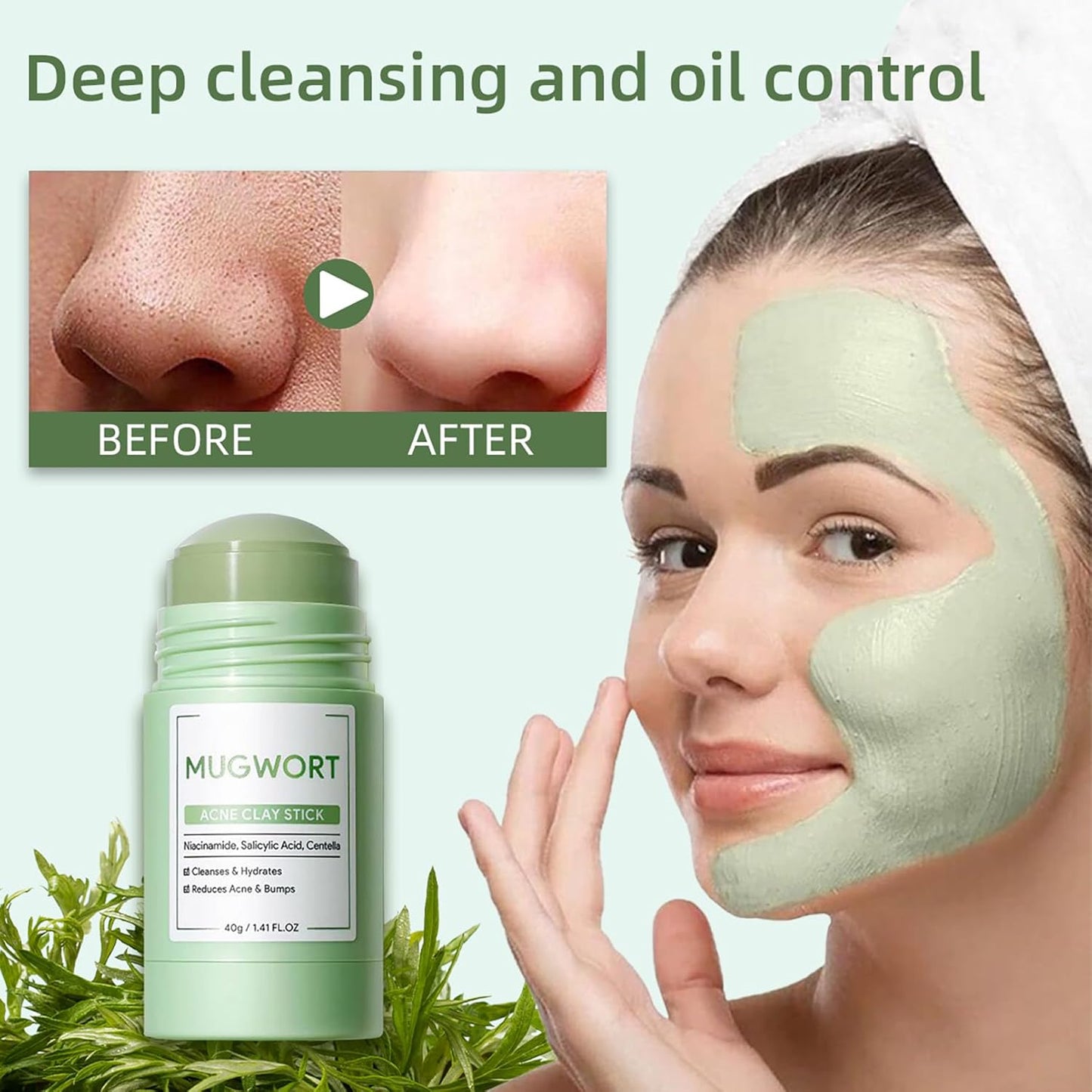 Clay Mask Stick, Deep pore Cleansing, Exfoliator Blackhead Remover Pore Cleanser Gentle Exfoliation Skin Brightening, Hydrating & Moisturizing Face Mud Mask for All Skin Types, Men & Women (Green)