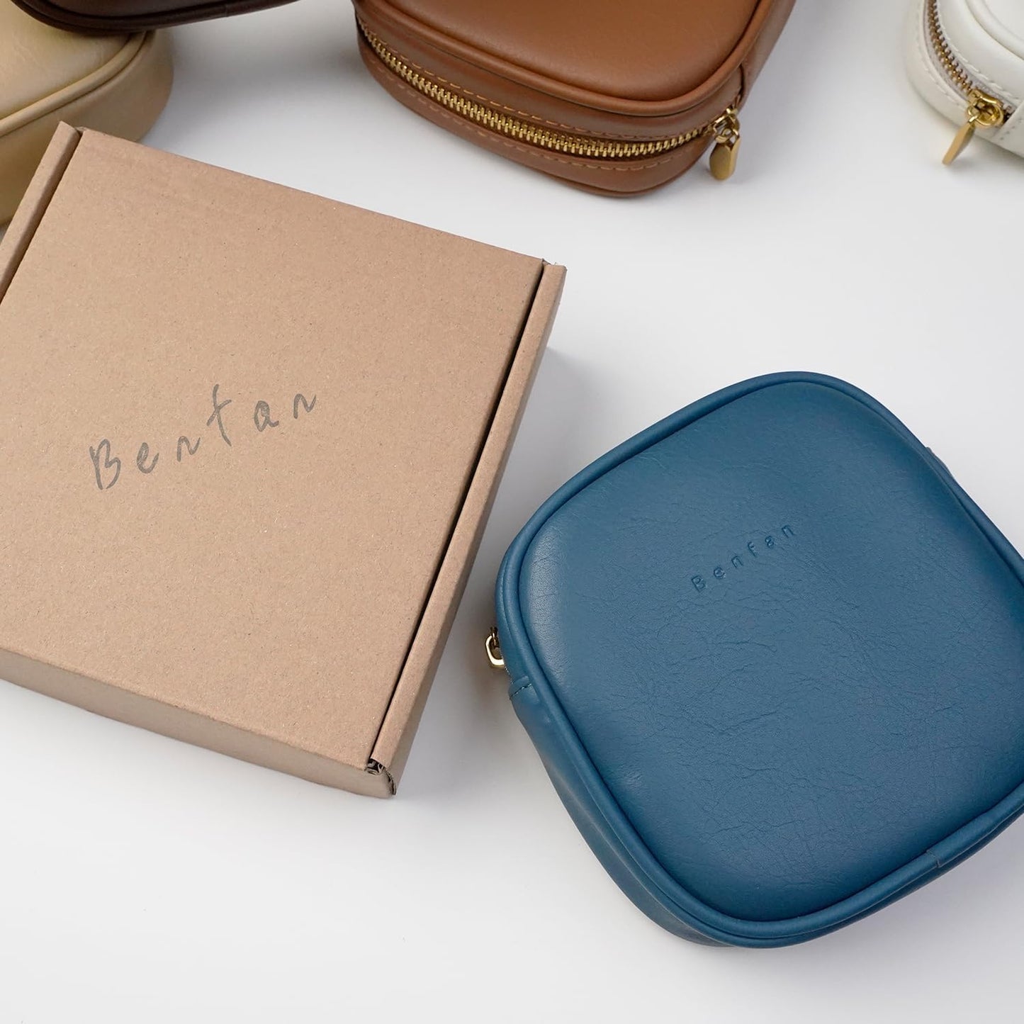 Leather Cosmetic Bag for Women Small Zipper Makeup Bag for Purse Waterproof Travel Makeup Organizer Charger Storage Pouch Color Blue