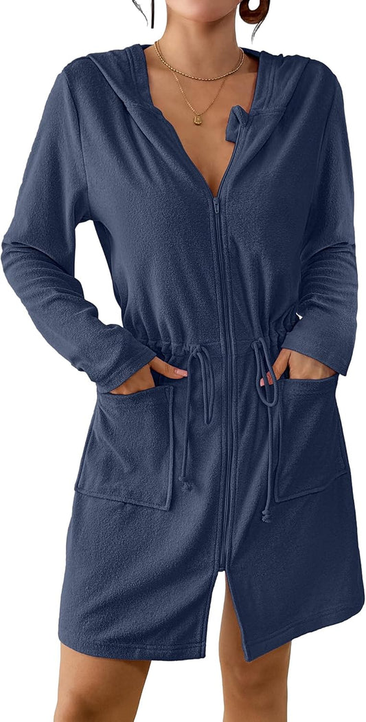 Bsubseach Terry Cloth Cover Up - Women Zip Up Long Sleeve Swimsuit Coverup Hooded Bath Robes with Pockets
