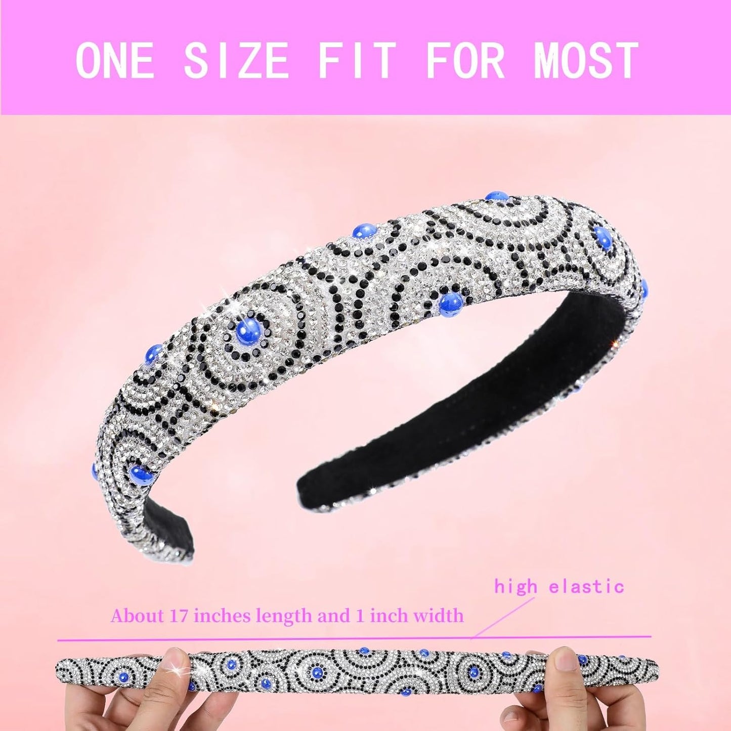 Rhinestone Headbands for Women Fashion Jeweled Headbands High Elastic Glitter Headband Comfortable Sparkly Hairband Hair Hoop Hair Accessories for Ladies Girls with 2PCS