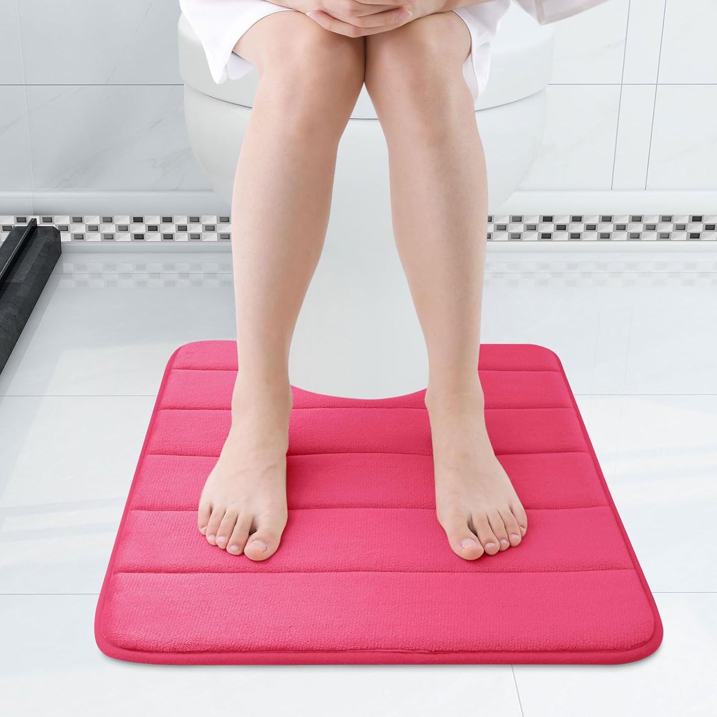Buganda Memory Foam U-Shaped Contour Toilet Rugs, Non Slip Absorbent, Thick Soft Washable Bathroom Mat, Floor Carpet Bath Rugs Mat for Toilet Base (24" x 20", Deep Pink)