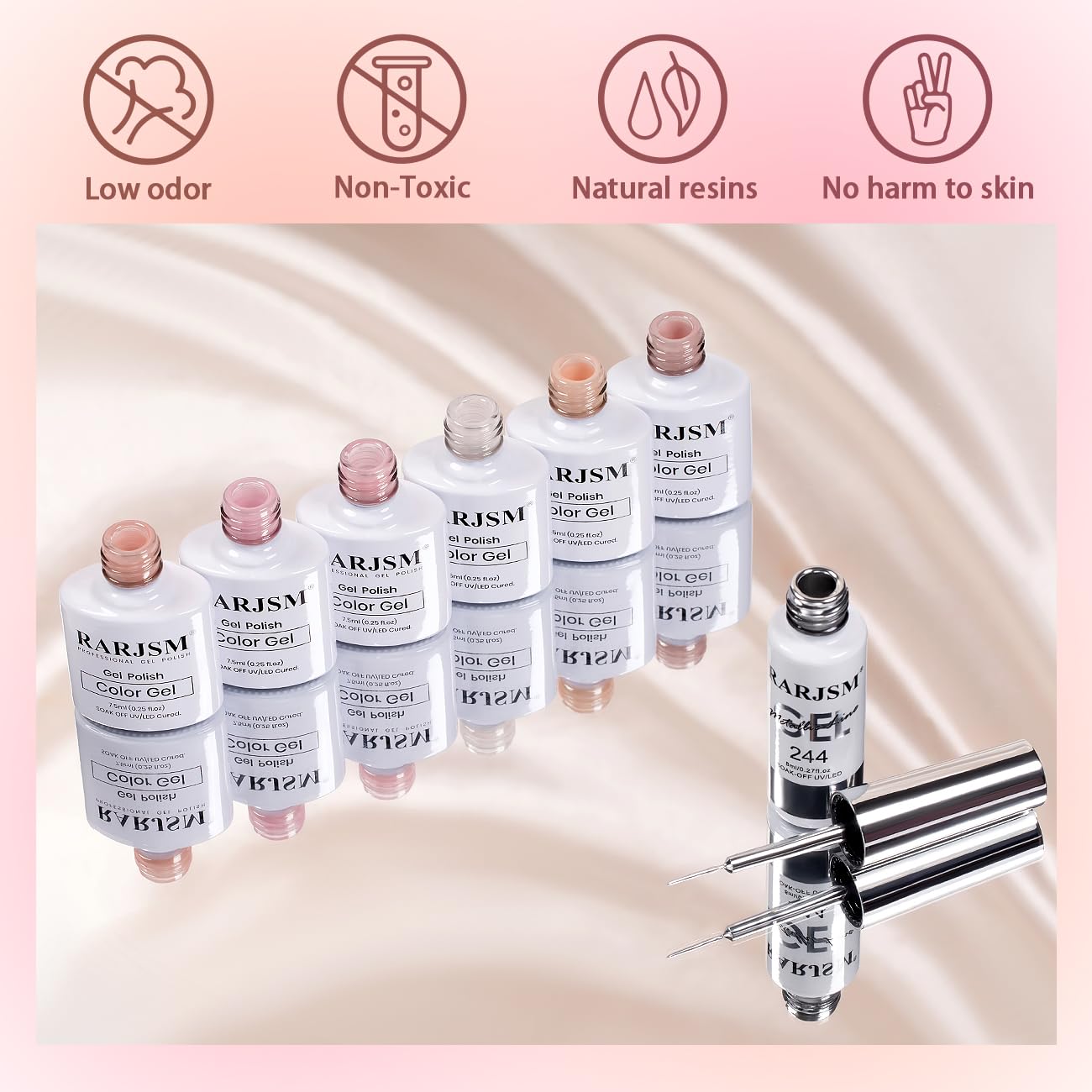 RARJSM Nude Gel Nail Polish Set 6 Colors with Metallic Silver Chrome Gel Liner Sheer Jelly Gray Pale Rose Apricot Pink GelPolish Transparent French Manicure Neutral GelVarnish LED UV Curing Requires