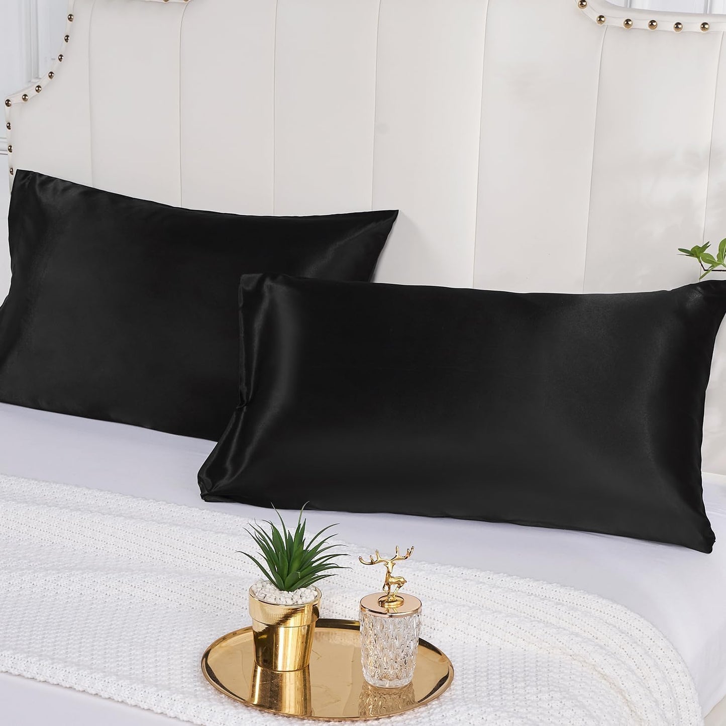 Satin Silk Pillowcase for Hair and Skin, Black Pillow Cases Standard Size Set of 4 Pack Super Soft Pillow Case with Zipper Closure (Black, Standard(4 Pack))