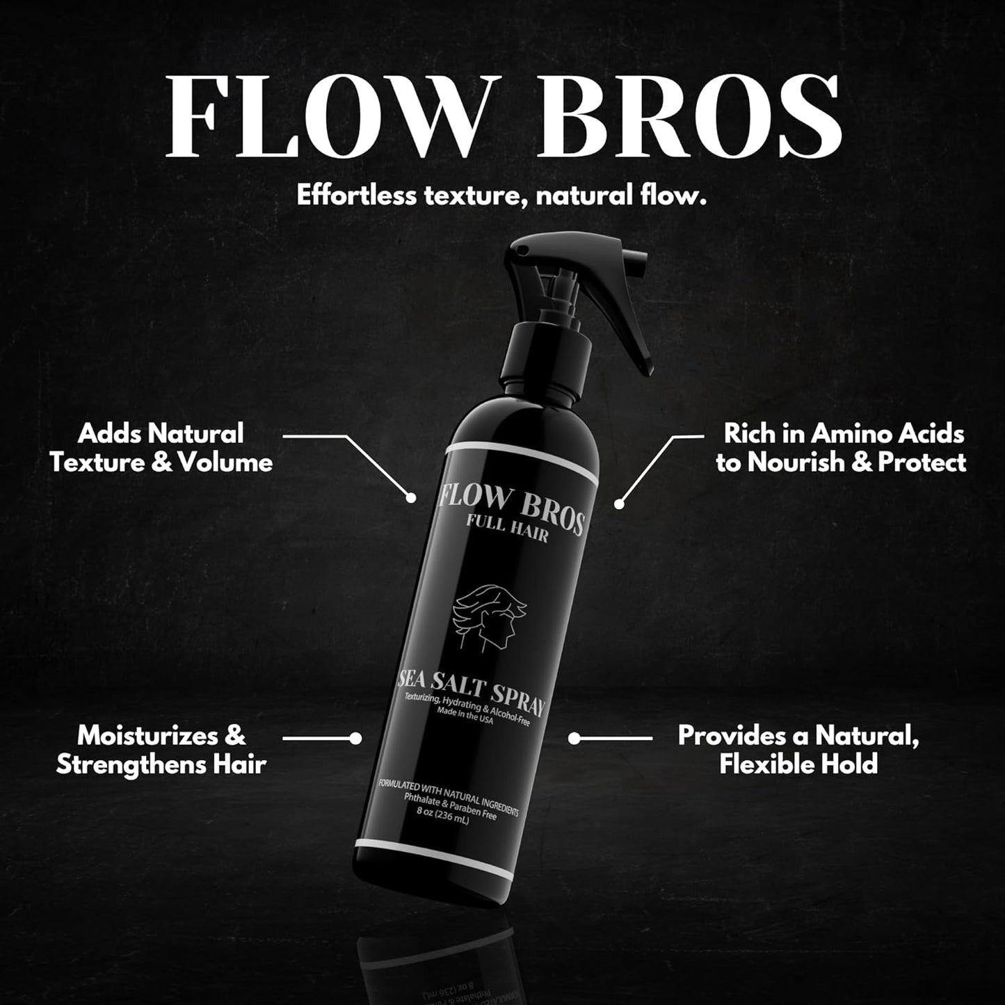Flow Bros Sea Salt Spray for Hair – Texturizing & Volumizing Sea Salt Spray with Natural Ingredients, Vitamin B5 & Amaranth Seed Extract – Light Natural Finish, Alcohol, Paraben, Phthalate Free – 8oz