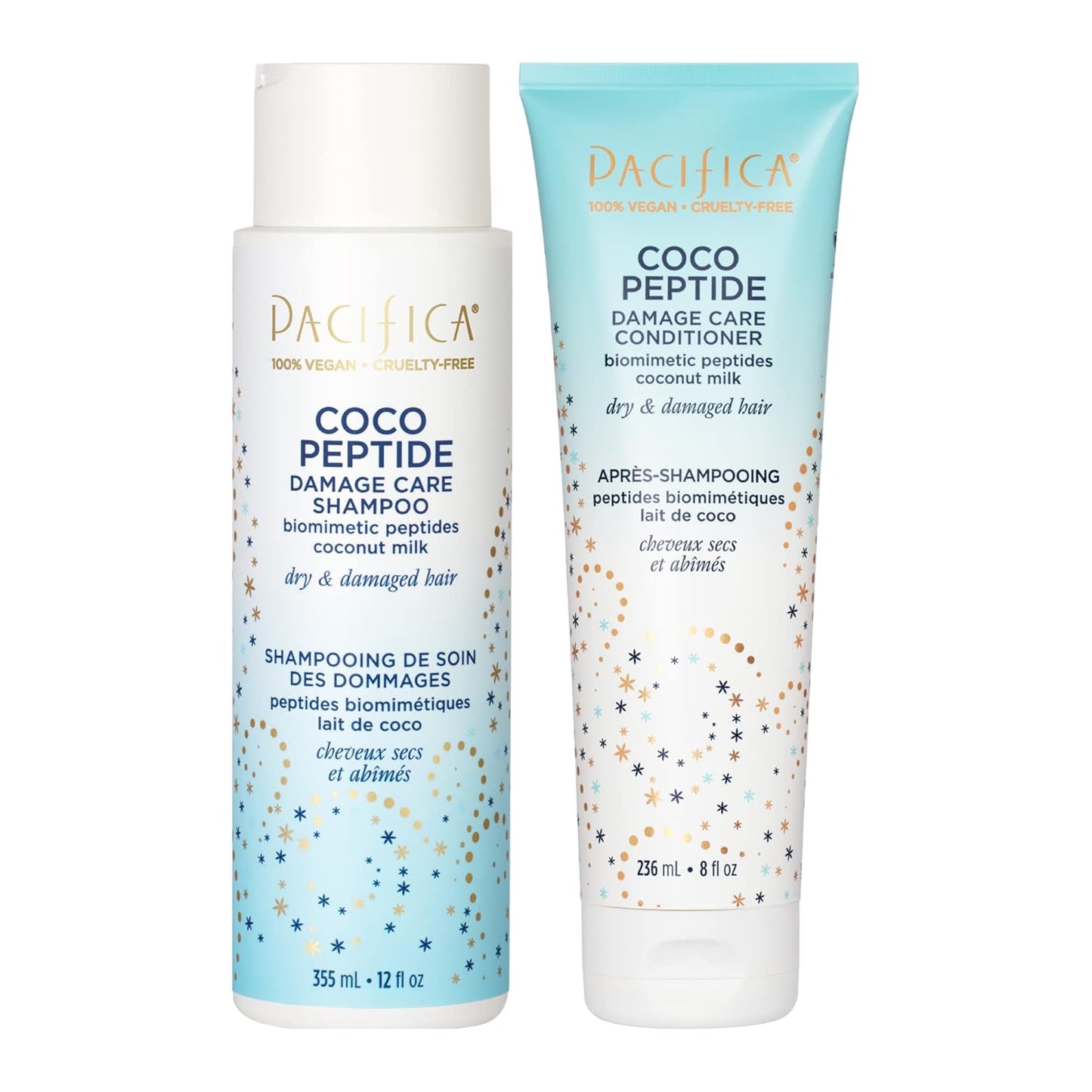 Pacifica Coco Peptide Damage Care Shampoo & Conditioner Set – Repairing Hair Care for Dry Damaged Hair Vegan Collagen & Peptides for Split Ends & Breakage Sulfate Free Clean Vegan Dermatologist Tested