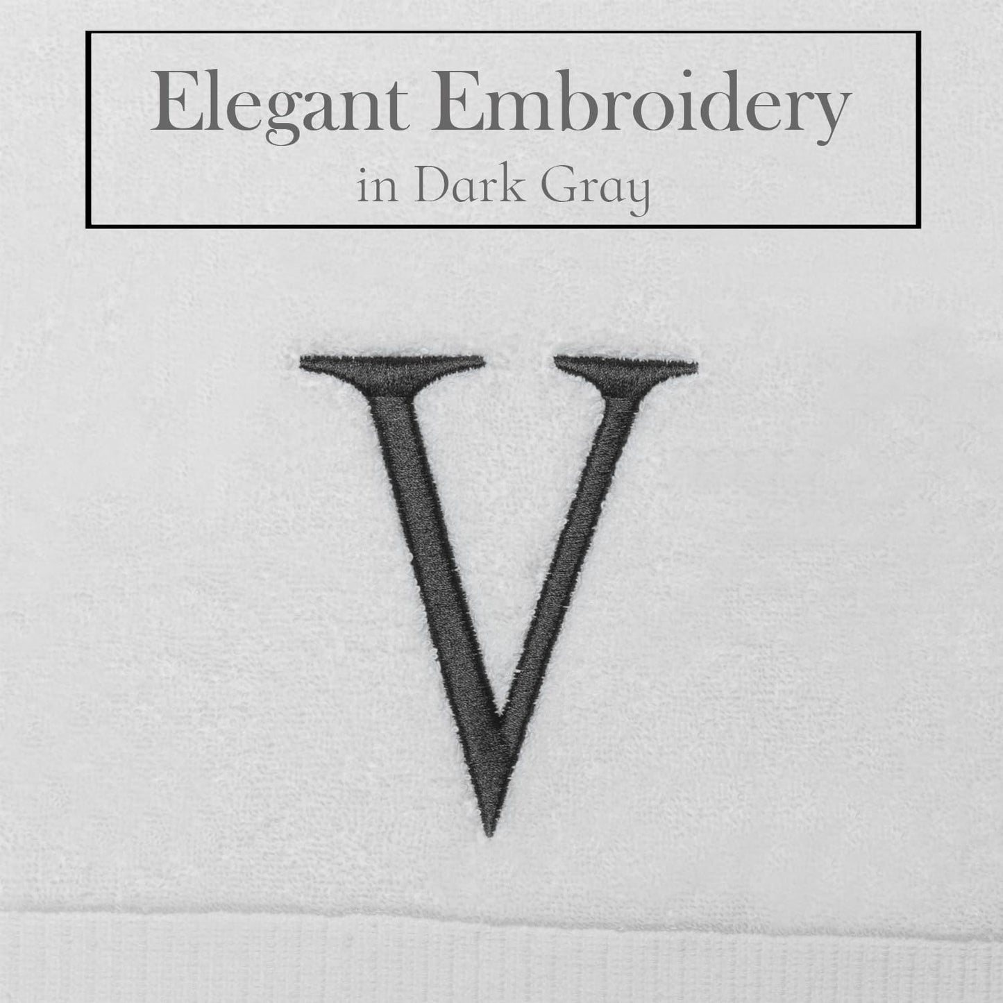 Dark Gray Initial Hand Towel for Bathroom - Monogrammed Luxury Hotel Quality Decorative Embroidered Towel for Powder Room, Spa - GOTS Organic Certified - Set of 2 Letter V