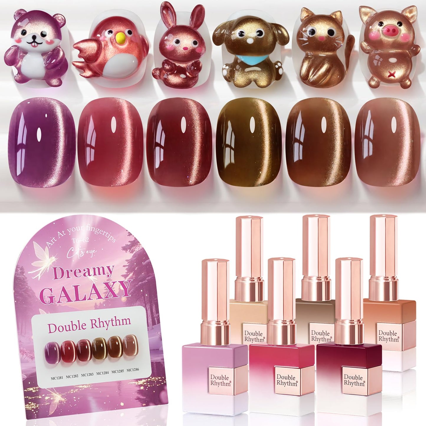 Double Rhythm Cat Eye Gel Nail Polish Set of 6 Same Color Same Bottle 0.5 Oz Shimmer Glitter with Magnet Holographic Reflective Magnetic UV Nail Polish Kit at Home (Rose Coffee Brown Red-T6-62)