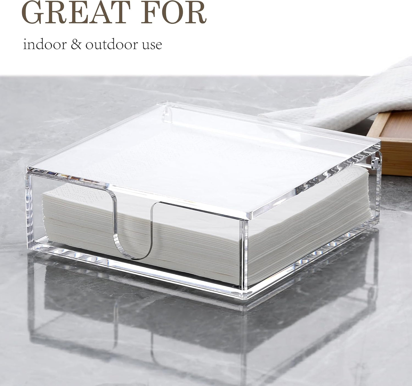 DINGHUO Acrylic Napkin Holder, 7"x 7"x 2.4" Flat Luncheon Napkin Dispenser with Lid, Clear Flip-top Waterproof Paper Napkin Container Organizer for Table, Kitchen, Indoor & Outdoor, Bathroom Vanity