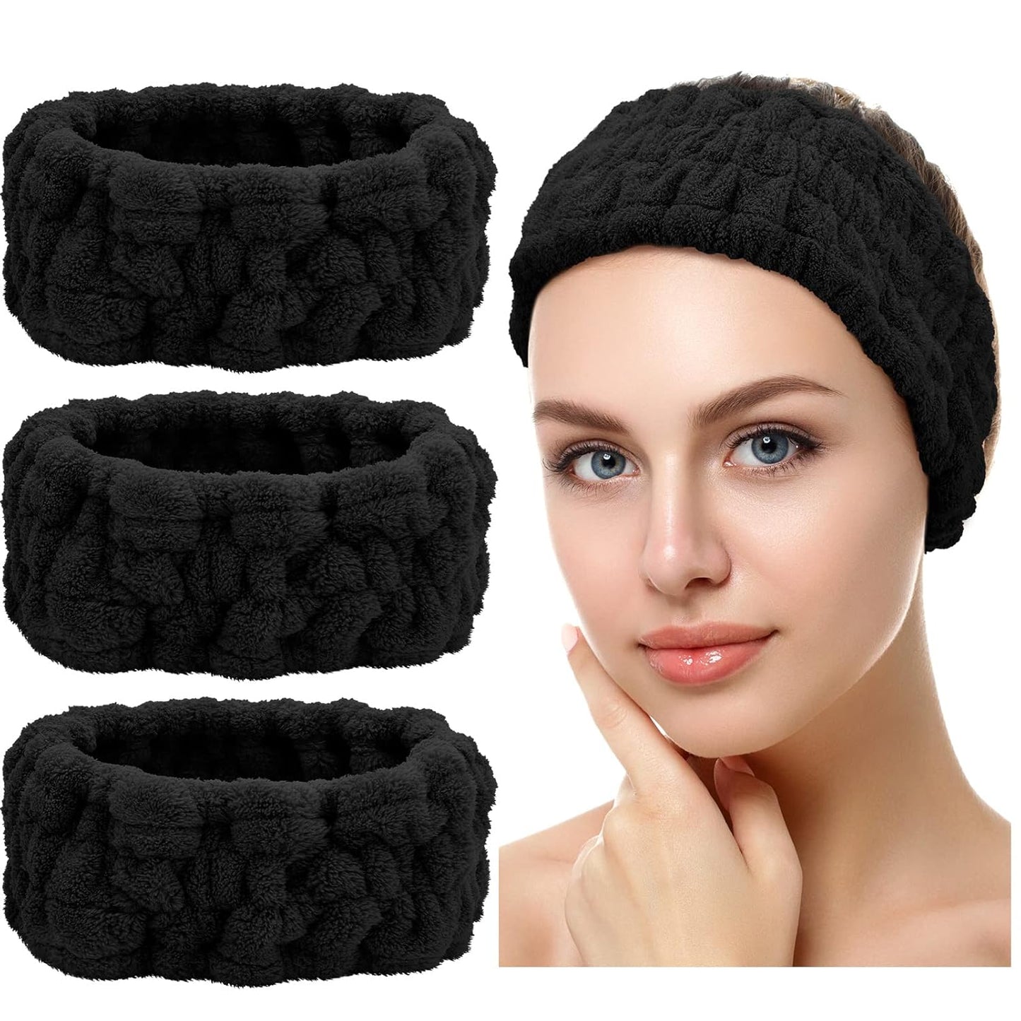 Chuangdi 3 Pieces Spa Headband for Women Facial Makeup Headband Soft Terry Cloth Hairband for Washing Face Mask Spa Shower Gifts(Black)