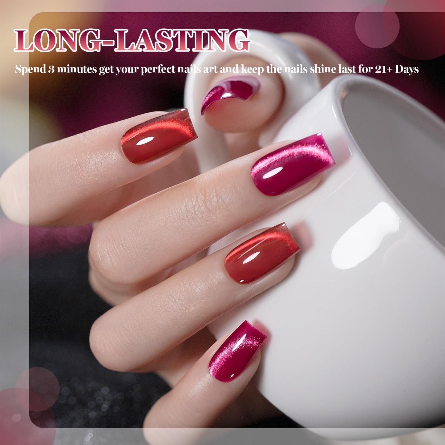 RARJSM Red Cat Eye Gel Nail Polish Set 6 Pcs Smoothie Ceramic Silver White Glitter Shimmer Burgundy Cherry Dark Wine Red Velvet Diamond Cateye Gel Polish with Magnetic Stick Soak off Curing Require