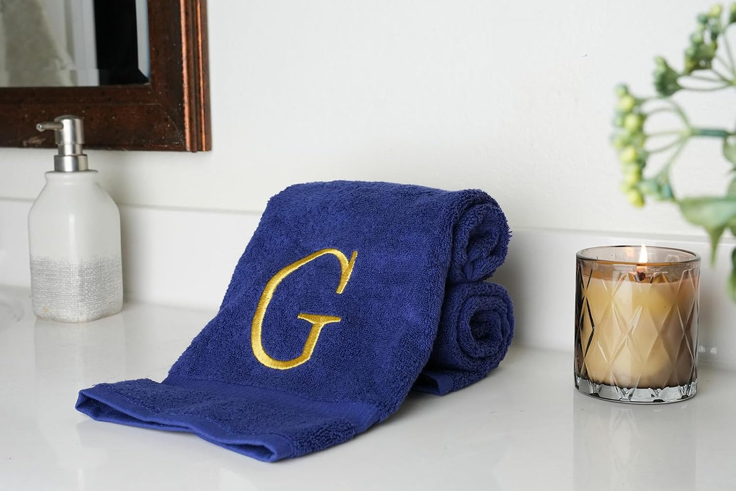 Navy Powder Room Hand Towel - Monogram Initial Hotel Quality Decorative Embroidered Luxury Towel for Spa - GOTS Organic Certified - Set of 2 Gold Letter G