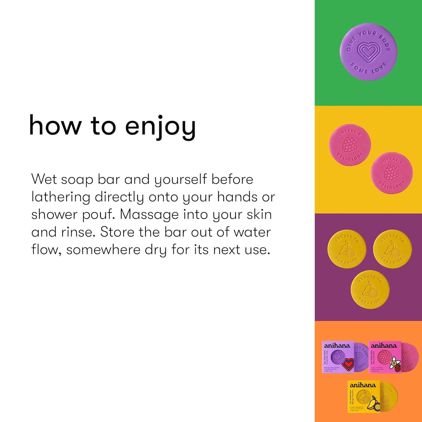 ANIHANA Feel-Good Soap Variety 3 Pack with Coconut Oil and Shea Butter, Gentle Cleansing, Paraben Free, Cruelty Free, Berry, Mango, and Lavender Scent, 4.2 oz each