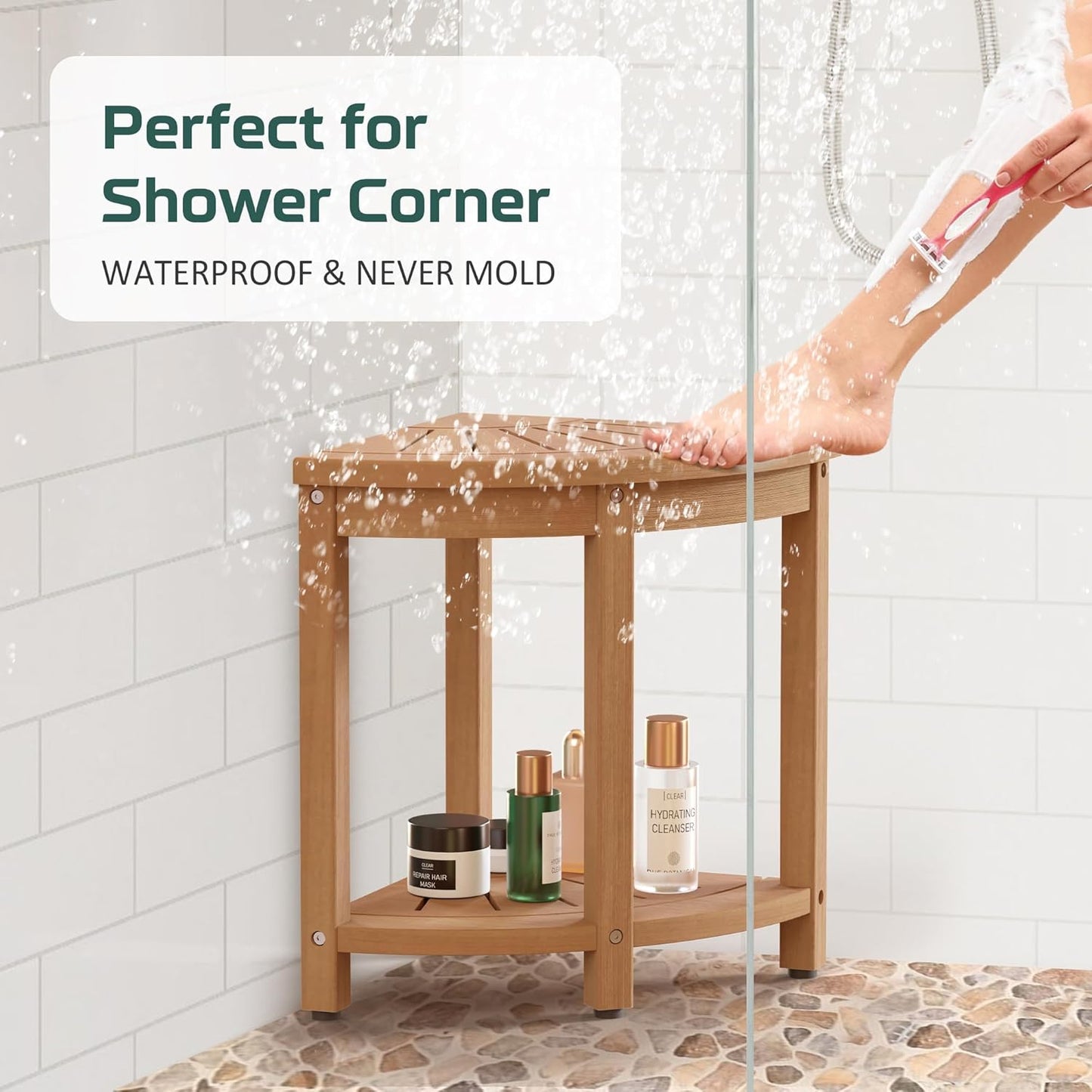 Corner Shower Stool for Inside Shower Waterproof, HIPS Poly Lumber Shower Bench Seat Chair, Bath Shower Stool for Shaving Legs Foot Rest with Adjustable & Non-Slip Feet, Load 400 lbs, Teak