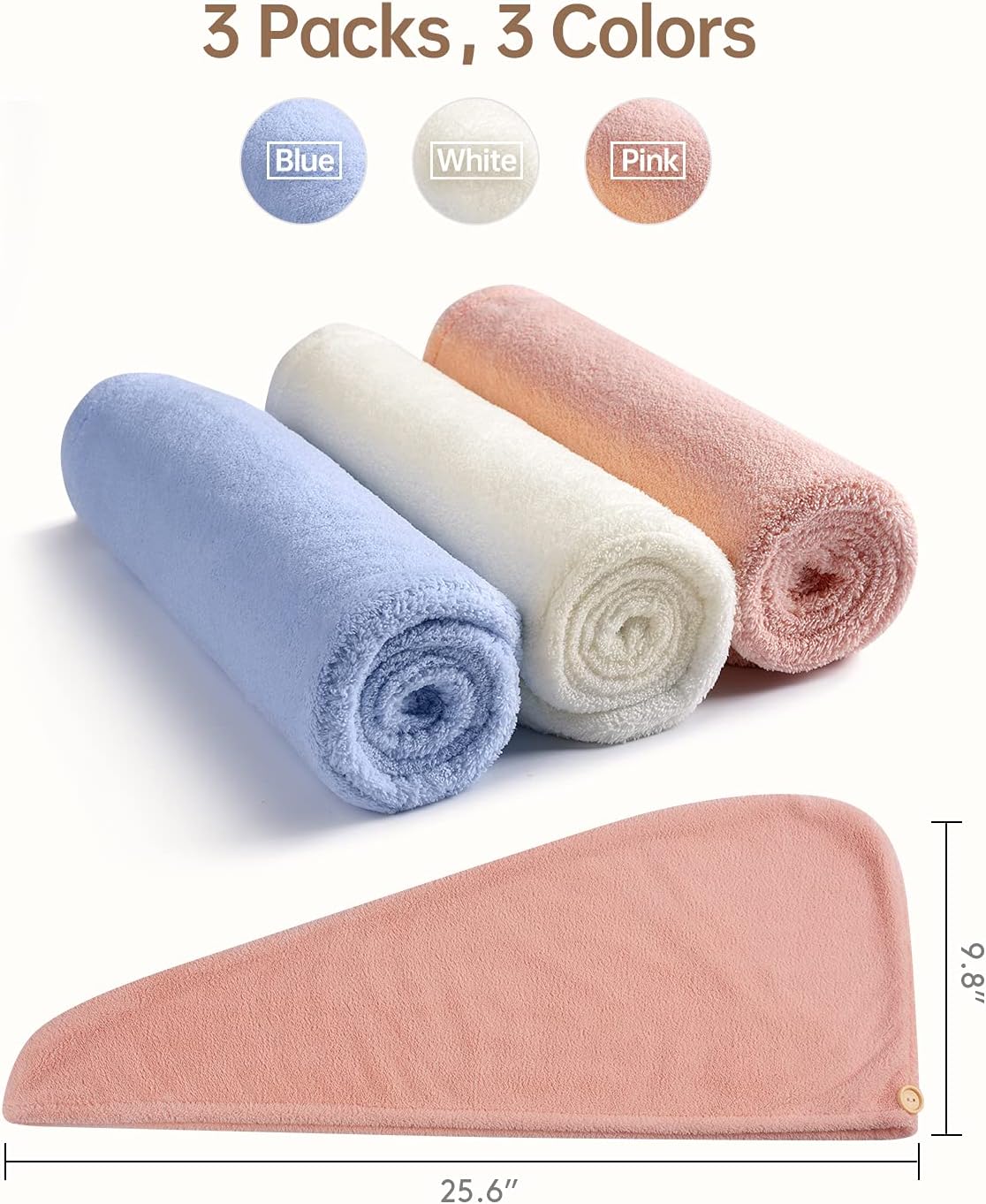 YFONG 3 Pack Hair Towel Wrap for Women with Button, Super Absorbent Microfiber Hair Towel for Wet Long Short Curly Hair, Soft Fast Drying Hair Turban Towel Anti Frizz（Blue, Pink, White）