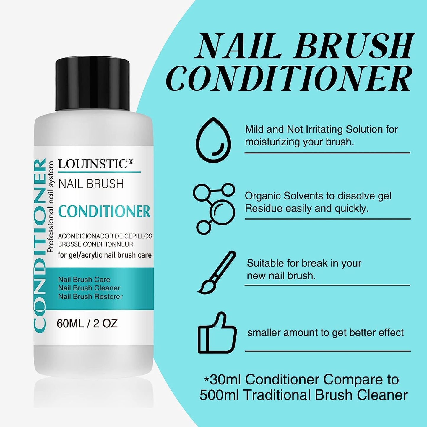 LOUINSTIC Nail Art Brush Cleaner 2 oz - Nail Brush Cleaner and Conditioner for Solid Gel Polish/Nail Extension Gel/Acrylic Nail Brushes, Quickly and Easily Acrylic Nail Brush Cleaner and Restorer