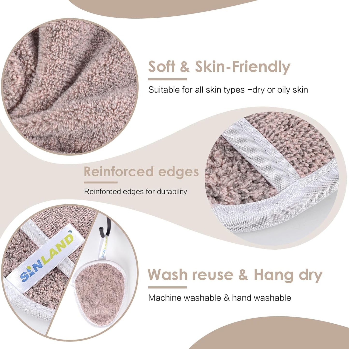 SINLAND Reusable Makeup Remover Pads For Face,Eye,Lips Microfiber Gentle Facial Cleansing Cloths for All Skin Types Friendly for Makeup Remover With Laundry Bag 5.1inchx3.93inch Pack of 6
