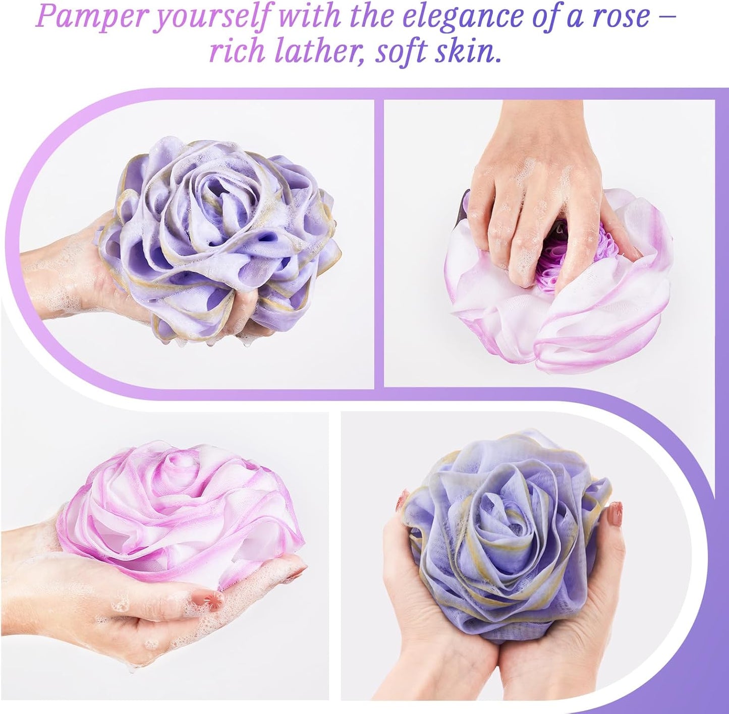 Bath Loofah, Shower Loofah, Body Loofah, Bath Sponge, Shower Sponge, Body Sponge, Bath Scrubber, Shower Scrubber, Body Scrubber, Rose-Shaped, Elegant (Set of 2 Pieces,Purple and Grey)