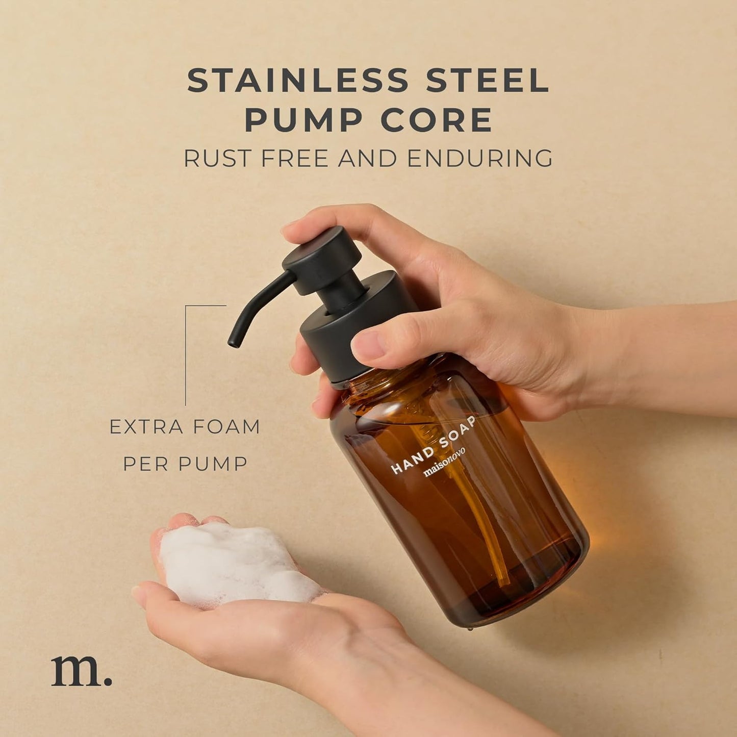 MaisoNovo Glass Foaming Hand Soap Dispenser 14 Oz | Amber Foaming Soap Dispenser Black Pump x 1 w/Labels