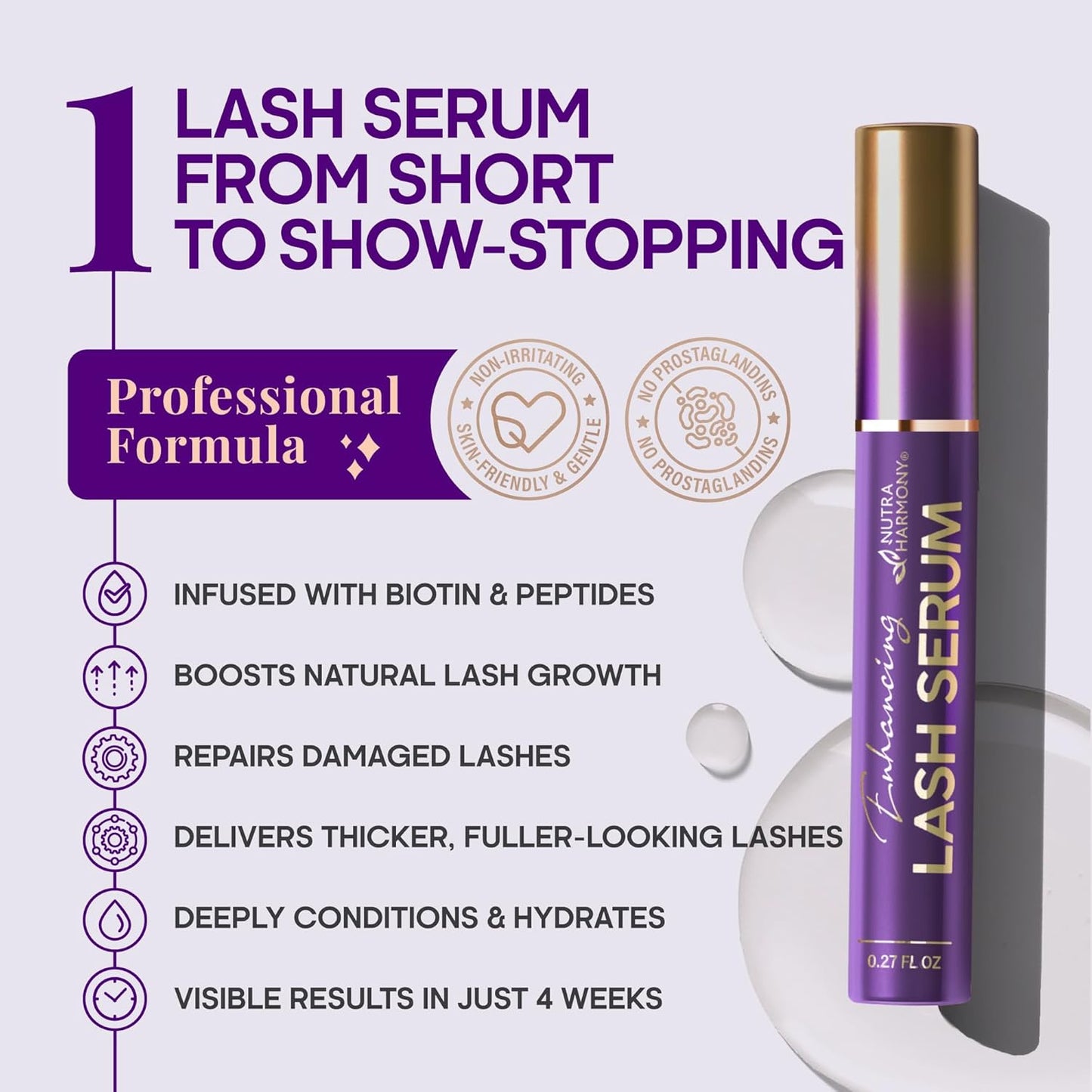 Lash Serum for Eyelash Growth – Pro Treatment with Keratin, Biotin & Peptides – Hyaluronic Acid, Creatine & Castor Oil – No Prostaglandins, Vegan, Non‑Irritating Formula for Longer, Fuller Lashes, 8ml