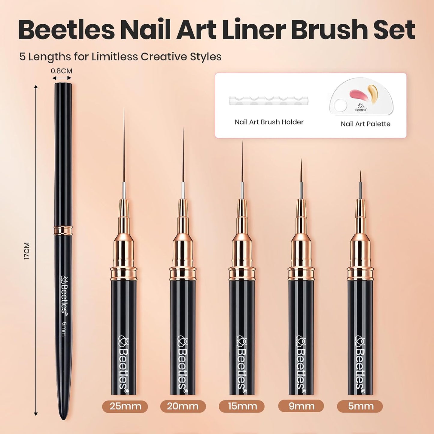 Beetles Liner Brushes for Nails 5pcs - Metallic Nail Art Brushes Black Nail Art Pens Liner Sizes 5/9/15/20/25mm with Palette Holder Painting Manicure Design Tools for Long Lines, Details, Fine Drawing