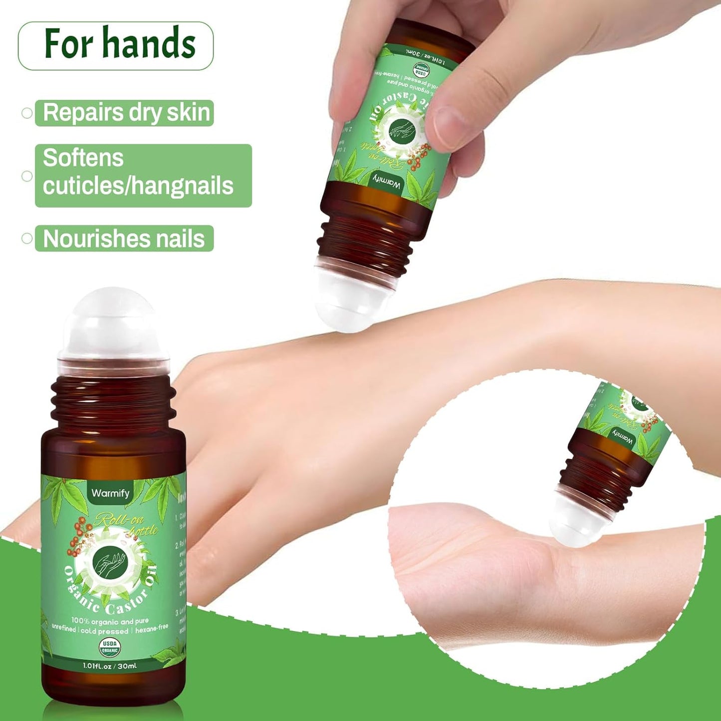 2-in-1 Castor Oil Roll On for Face & Hands, Organic Cold Pressed, Hexane-Free, Unrefined Glass Bottle – Targeted Roller Balls for Eye, Lip, Skin, Nail & Cuticle Care – 2 x 1 fl.oz