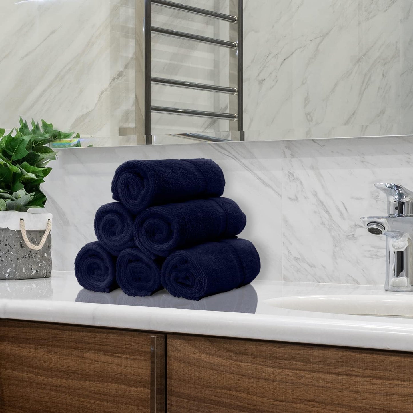 Monogrammed Hand Towel, Personalized Initial Gift, Extra Absorbent 100% Turkish Cotton - Soft Terry Finish - Set of 2 - White Block Initial T - Embroidered on Navy Blue Towels