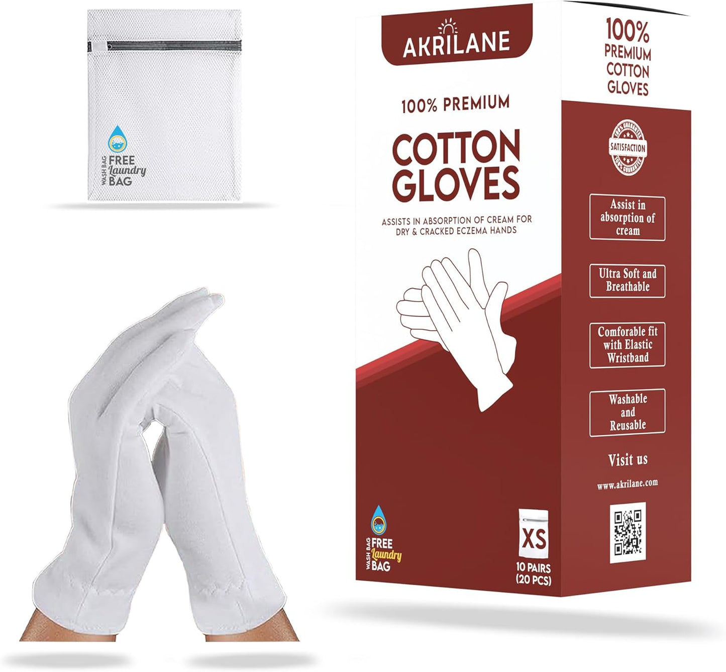 XS Extra Small 10 Pairs 100% Premium Cotton Gloves for Dry Hands | Moisturizing Overnight Gloves for Eczema, Psoriasis & Skin Spa Treatment for Women & Men | Washable & Reusable with Free Laundry Bag