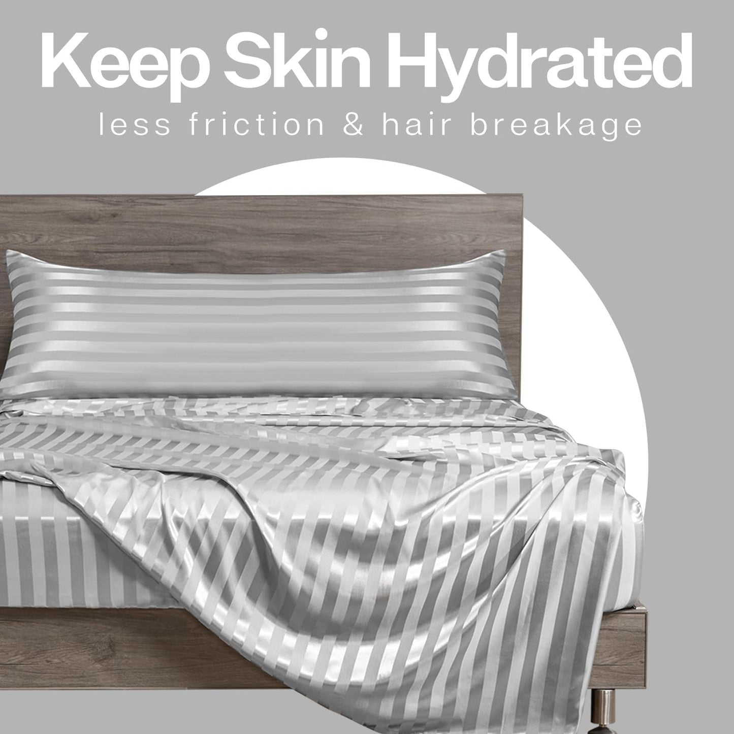 MR&HM Satin Body Pillow Cover, Soft and Breathable Body Pillow Case with Envelope Closure, Cooling and Silky Long Pillowcase for Hair and Skin,Grey (20x54, Silver Striped)